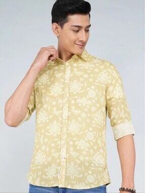 NWT Being Human 100% Cotton Slim Fit Beige Long Sleeve Button Up Shirt Large